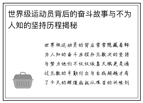 世界级运动员背后的奋斗故事与不为人知的坚持历程揭秘