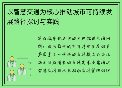 以智慧交通为核心推动城市可持续发展路径探讨与实践