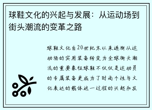 球鞋文化的兴起与发展：从运动场到街头潮流的变革之路